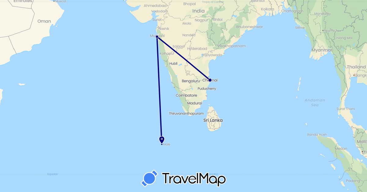 TravelMap itinerary: driving in India, Maldives (Asia)
